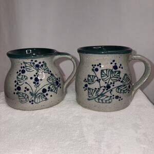 Great Bay Pottery Stoneware Coffee Tea Mugs Set Of 2 Blueberry Vines Handmade